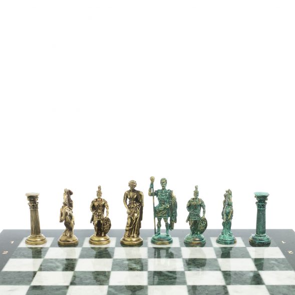 Шахматы &amp;quot;Римские войны&amp;quot; фигуры бронза / патина 44х44 см мрамор змеевик 128382
