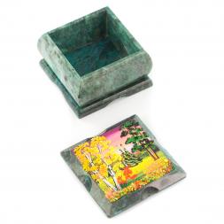 Шкатулка змеевик рисунок осень 10х10х6,5 см