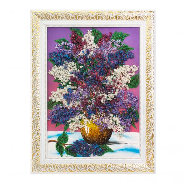 Картина с рисунком из камня &amp;quot;Сирень в вазе&amp;quot; в багете 36х46 см розовый фон 124067