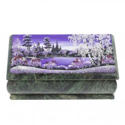 Шкатулка с пейзажем "Зимний рассвет" из шабровского змеевика 18х9х6,5 см