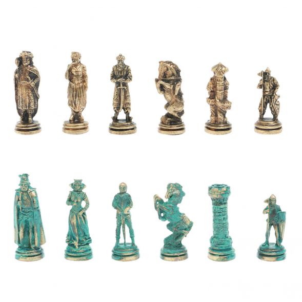 Шахматы &amp;quot;Рыцари&amp;quot; фигуры бронза / патина 28х28 см из лемезита и мрамора 128217
