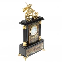 Каменные часы с бронзовым литьем &amp;quot;Георгий Победоносец&amp;quot; офиокальцит