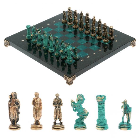 Шахматы &amp;quot;Рыцари&amp;quot; фигуры бронза / патина 28х28 см из змеевика 128219