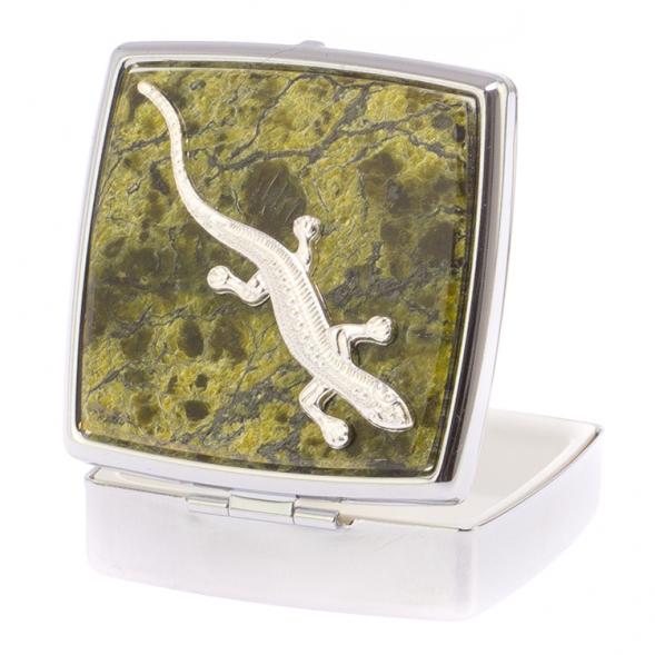 Таблетница на 2 отделения с ящерицей камень змеевик цвет серебро 125995