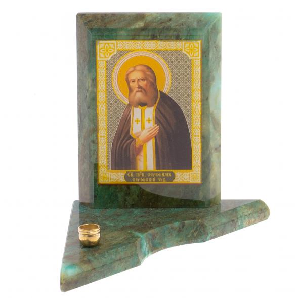 Икона с подсвечником Серафим Саровский малая из змеевика 9,5х9,5х10 см 118821