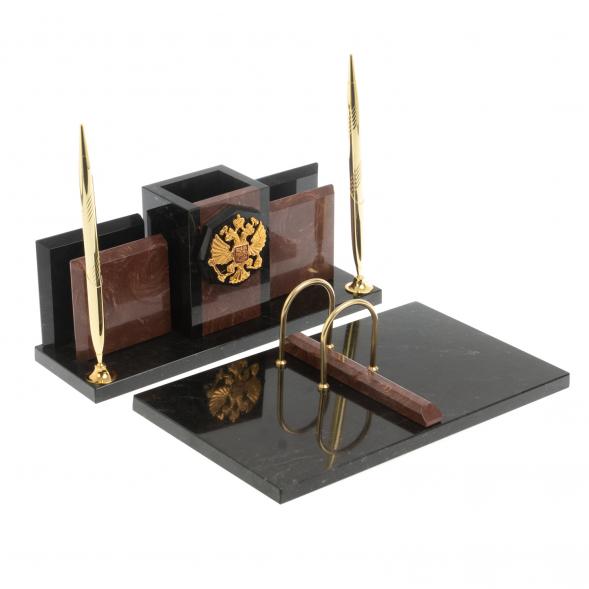 Настольный набор &amp;quot;Офисный&amp;quot; с гербом РФ камень лемезит 127520