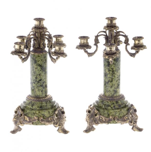 Канделябры &amp;quot;Барокко&amp;quot; бронза патина камень змеевик 5 свечей пара 122196