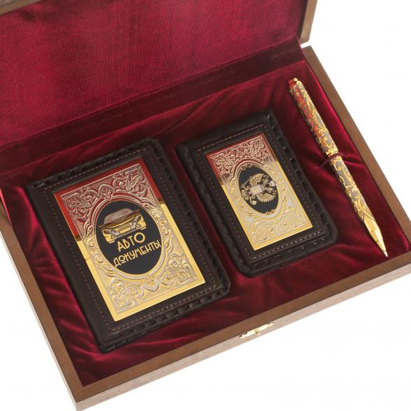 Подарочный набор &amp;quot;Автомобилист&amp;quot; обложка для автодокументов, визитница и ручка с гравюрой Златоуст 122938