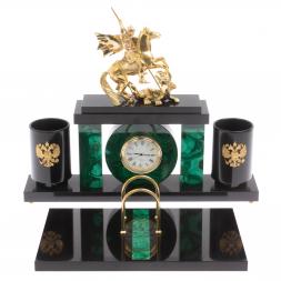 Письменный набор с часами &amp;quot;Георгий Победоносец&amp;quot; из малахита