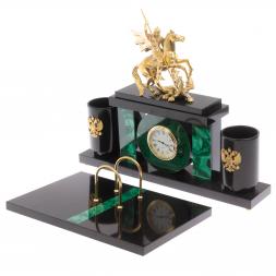 Письменный набор с часами &amp;quot;Георгий Победоносец&amp;quot; из малахита