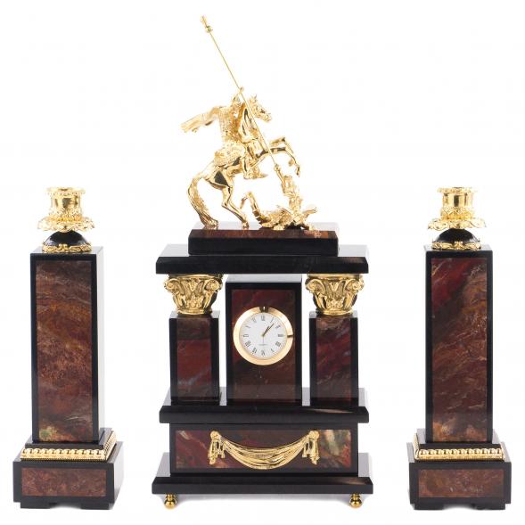 Каминные часы с подсвечниками &amp;quot;Святой Георгий&amp;quot; камень яшма бронза 113536