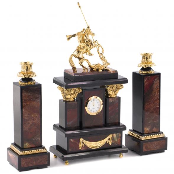 Каминные часы с подсвечниками &amp;quot;Святой Георгий&amp;quot; камень яшма бронза 113536