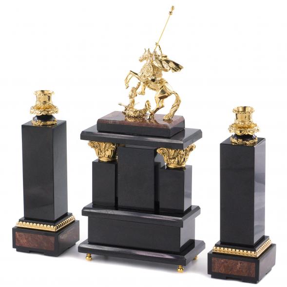 Каминные часы с подсвечниками &amp;quot;Святой Георгий&amp;quot; камень яшма бронза 113536