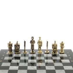 Шахматы подарочные "Железнодорожники" из бронзы и серого мрамора, доска 40х40 см