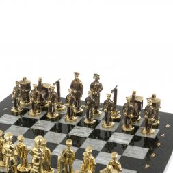 Шахматы подарочные "Железнодорожники" из бронзы и серого мрамора, доска 40х40 см