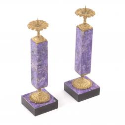Настольные подсвечники из натурального камня чароит с бронзой пара