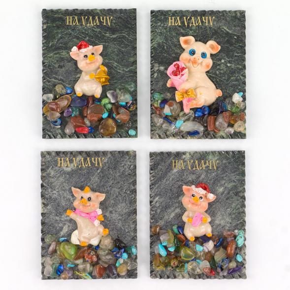 Магнит &amp;quot;Свинка на удачу&amp;quot; змеевик самоцветы в ассортименте 6,5х9 см 119352