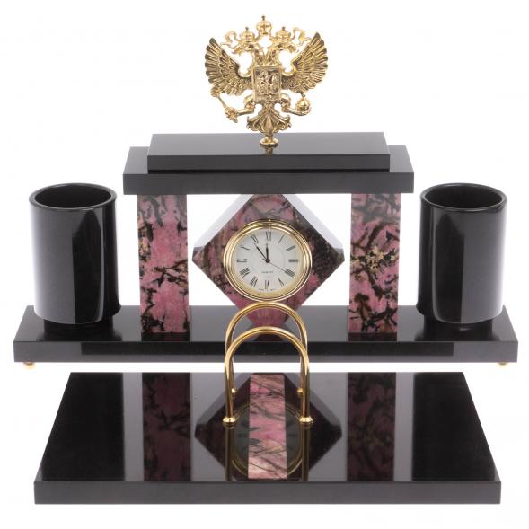 Письменный набор с часами &amp;quot;Герб РФ&amp;quot; из родонита 129566