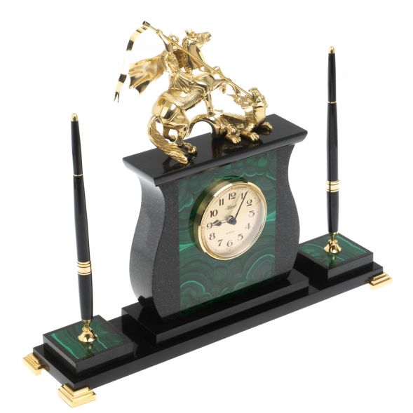 Настольные часы с ручками &amp;quot;Георгий Победоносец&amp;quot; из малахита 127766