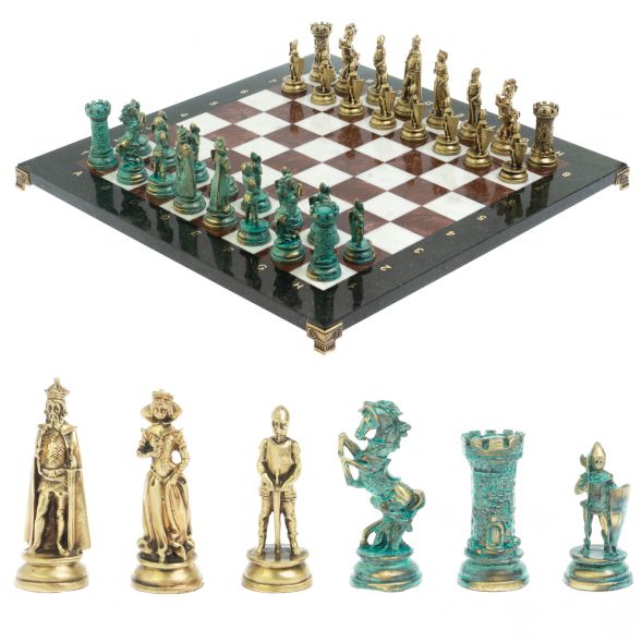 Шахматы &amp;quot;Средневековые рыцари&amp;quot; фигуры бронза / патина 44х44 см мрамор лемезит 128392