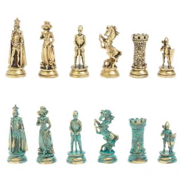 Шахматы &amp;quot;Средневековые рыцари&amp;quot; фигуры бронза / патина 44х44 см мрамор змеевик 128394