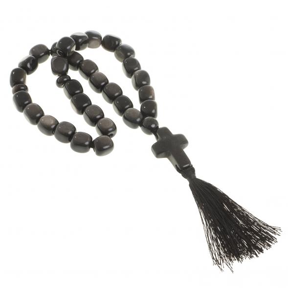 Четки с крестом из черного обсидиана с иризацией 33 бусины цилиндр 122982