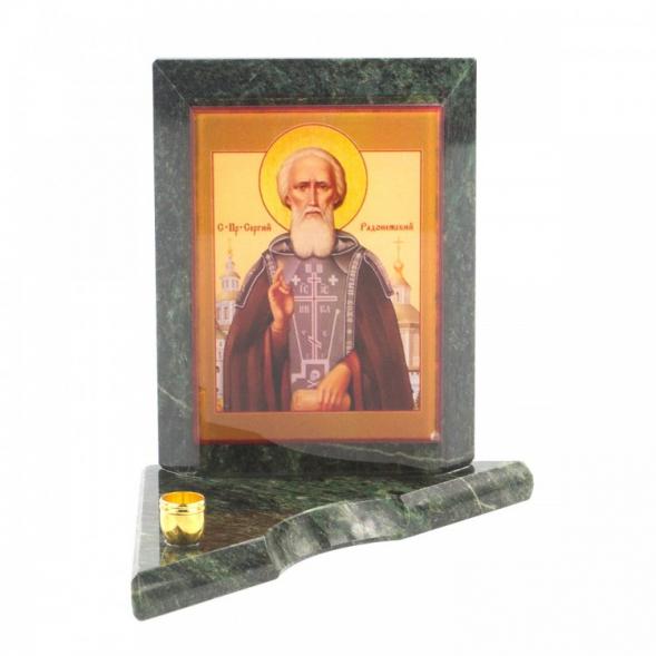 Икона с подсвечником Сергий Радонежский малая из змеевика 9,5х9,5х10 см 119743