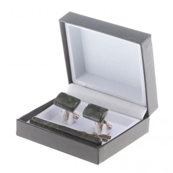 Набор запонки прямоугольные и зажим для галстука камень актинолит 124494