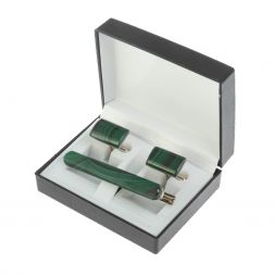 Набор запонки прямоугольные малые и зажим для галстука малахит