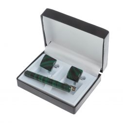 Набор запонки квадратные и зажим для галстука малахит