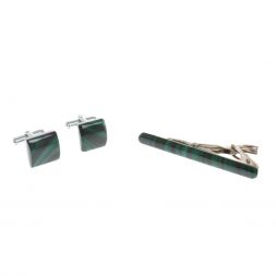 Набор запонки квадратные и зажим для галстука малахит