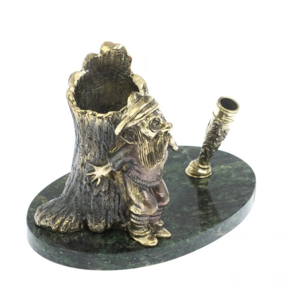 Карандашница &amp;quot;Гном у пня&amp;quot; бронза змеевик 14,5х9,5х10 см 129065