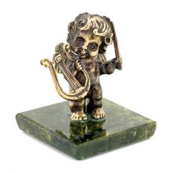Статуэтка "Ангелочек с арфой" бронза змеевик