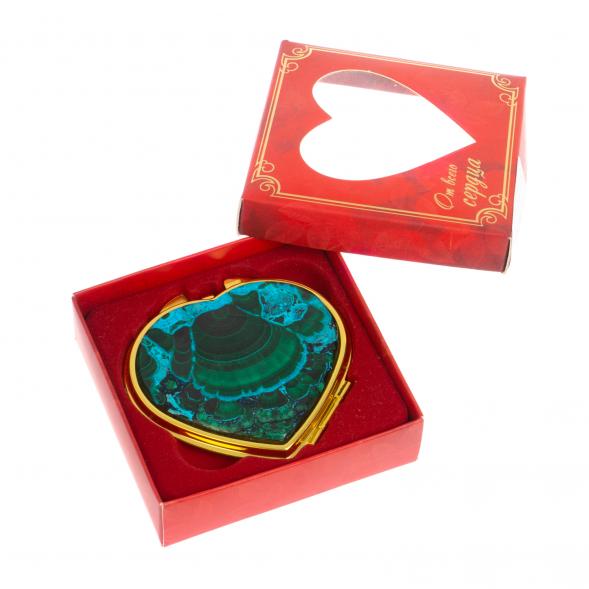 Зеркало карманное &amp;quot;Сердце&amp;quot; из малахита с хризоколлой цвет золото 126750