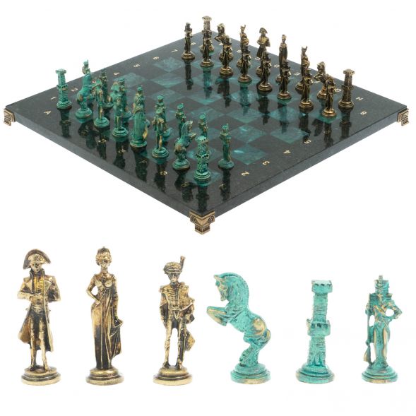Шахматы &amp;quot;Отечественная война 1812 г. &amp;quot; фигуры бронза / патина 40х40 см змеевик 128401