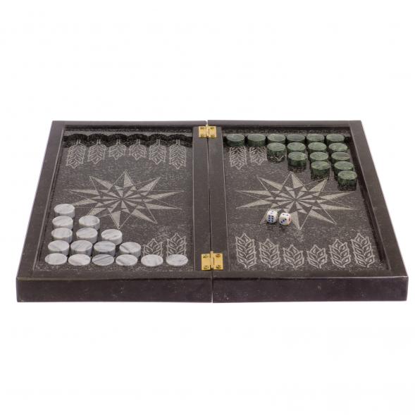 Шахматный набор 3 в 1 серый мрамор, змеевик с гравировкой 126140