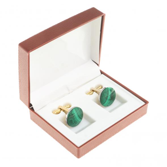 Запонки камень малахит круглые цвет золото 123830