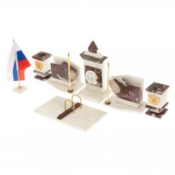 Настольный канцелярский набор с гербом и флагом России камень креноид и белый мрамор