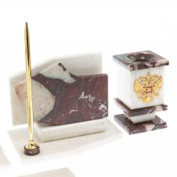 Настольный канцелярский набор с гербом и флагом России камень креноид и белый мрамор