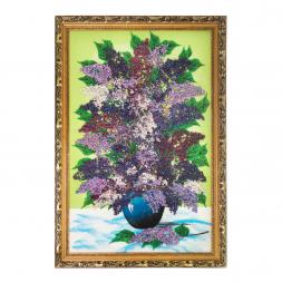 Картина &amp;quot;Натюрморт сирень&amp;quot; из каменной крошки на зеленом фоне багет 57х87 см