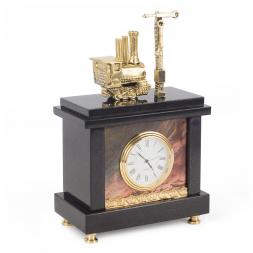 Часы &amp;quot;Паровоз с семафором&amp;quot; камень яшма бронза