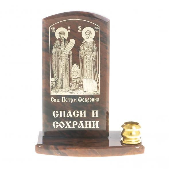 Икона с подсвечником &amp;quot;Св. Петр и Св. Феврония&amp;quot; камень обсидиан 123007