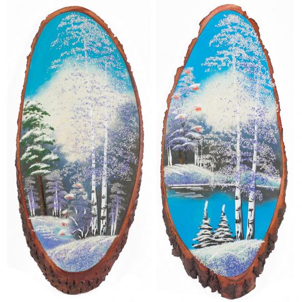 Панно на срезе дерева &amp;quot;Зима&amp;quot; вертикальное 65-70 см каменная крошка 111092