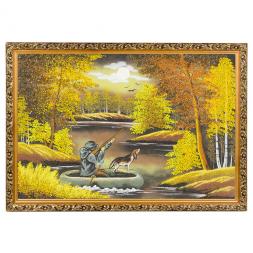 Картина "Охотник в лодке осенью" багет 46х66 см, каменная крошка