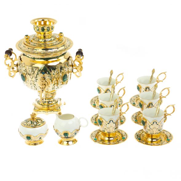 Самовар &amp;quot;Малахитовые узоры&amp;quot; с сервизом на 6 персон Златоуст 129007
