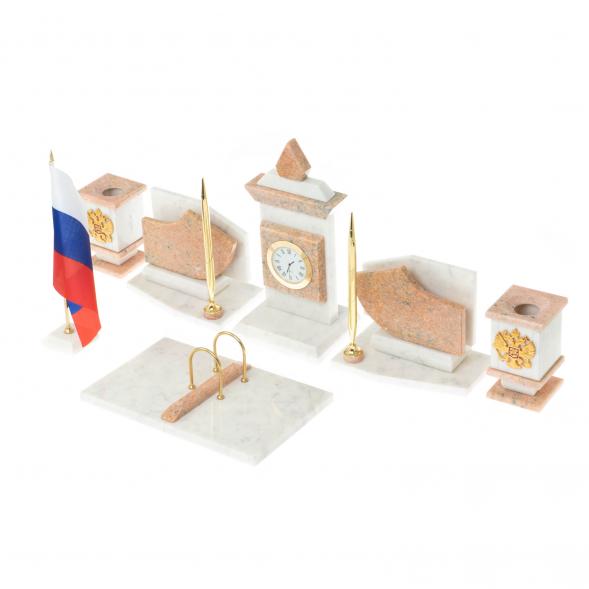 Письменный прибор с гербом и флагом России камень розовый мрамор 123754