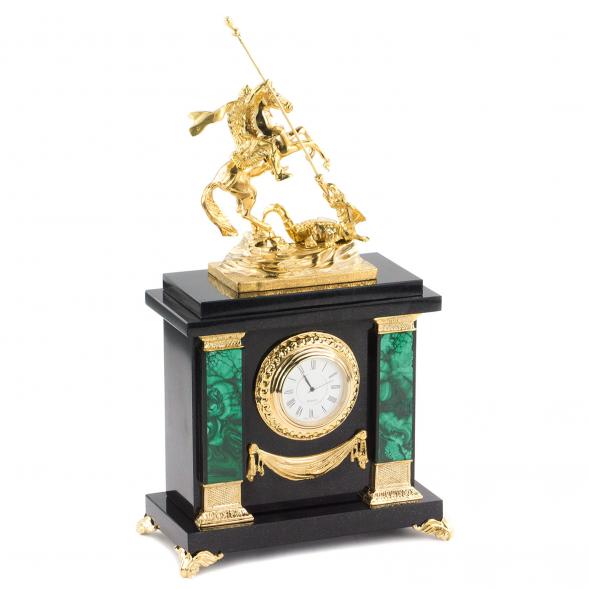 Часы из малахита с бронзой &amp;quot;Георгий Победоносец&amp;quot; 120114