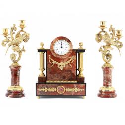 Каминные часы из яшмы "Колибри" с канделябрами