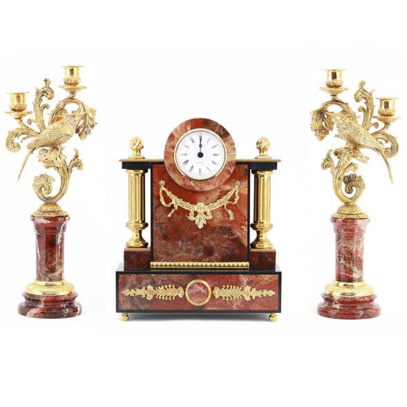 Каминные часы из яшмы &amp;quot;Колибри&amp;quot; с канделябрами 113185