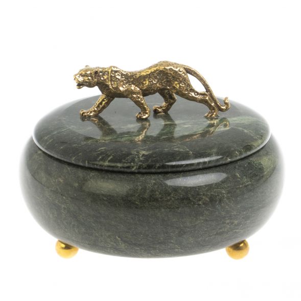 Шкатулка круглая &amp;quot;Гепард&amp;quot; из шабровского змеевика 15х15х12 см 127630